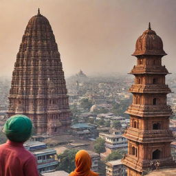 Aliens exploring India: towering figures curious and fascinated, in the foreground of a bustling Indian cityscape with iconic Indian architecture and vibrant colors marking the streets.