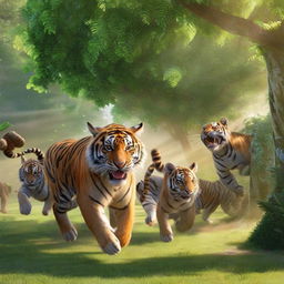 A group of animated tigers engaging in a playful game of football on a lush green field, with sunlight filtering through the canopy of nearby trees.