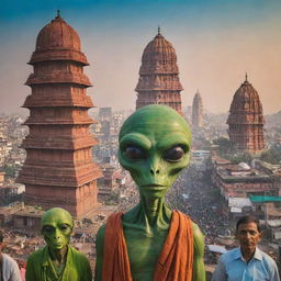 Aliens exploring India: towering figures curious and fascinated, in the foreground of a bustling Indian cityscape with iconic Indian architecture and vibrant colors marking the streets.