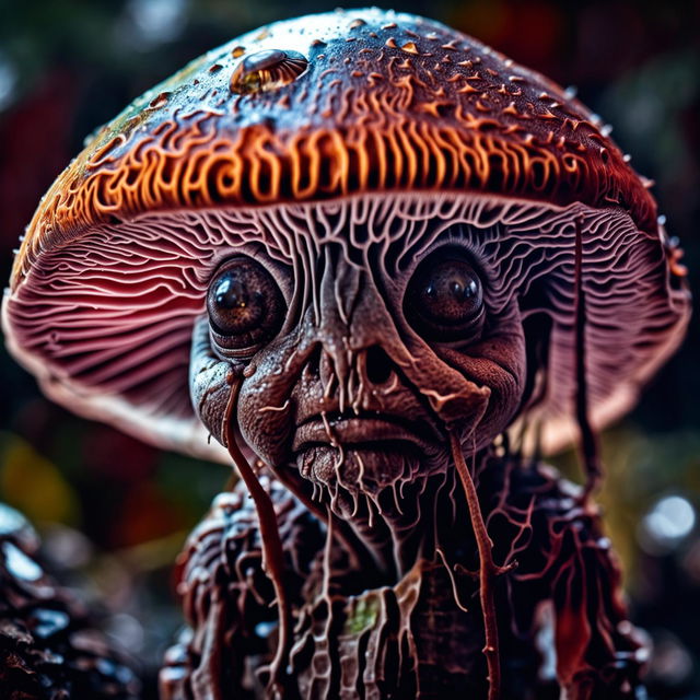 Create an exceptionally detailed, half cute, half creepy portrait of an anthropomorphic mushroom. The image should verge on the grotesque yet maintain excellent composition, bathed in inspiring and beautiful light.