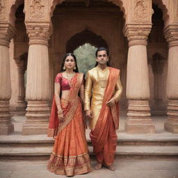 Divine couple Lord Rama and Sita, portrayed in traditional Indian attire, standing gracefully against the backdrop of an Ancient Indian palace.