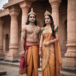 Divine couple Lord Rama and Sita, portrayed in traditional Indian attire, standing gracefully against the backdrop of an Ancient Indian palace.