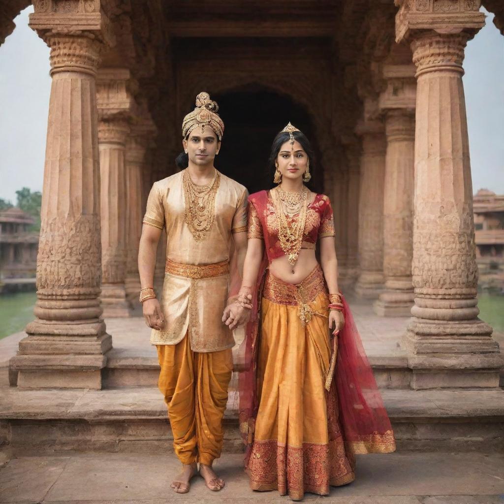 Divine couple Lord Rama and Sita, portrayed in traditional Indian attire, standing gracefully against the backdrop of an Ancient Indian palace.