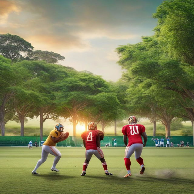 Animated tigers and lions engaged in a competitive game of football. The lions and tigers are opposing teams facing off on a vibrant green field, with the sunlight filtering through overhead trees.