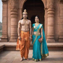 Divine couple Lord Rama and Sita, portrayed in traditional Indian attire, standing gracefully against the backdrop of an Ancient Indian palace.