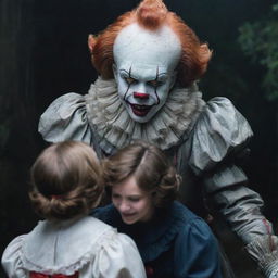 Depict a towering Pennywise the Clown amiably interacting with Diana, a charming adult girl, amidst a whimsically dark setting.