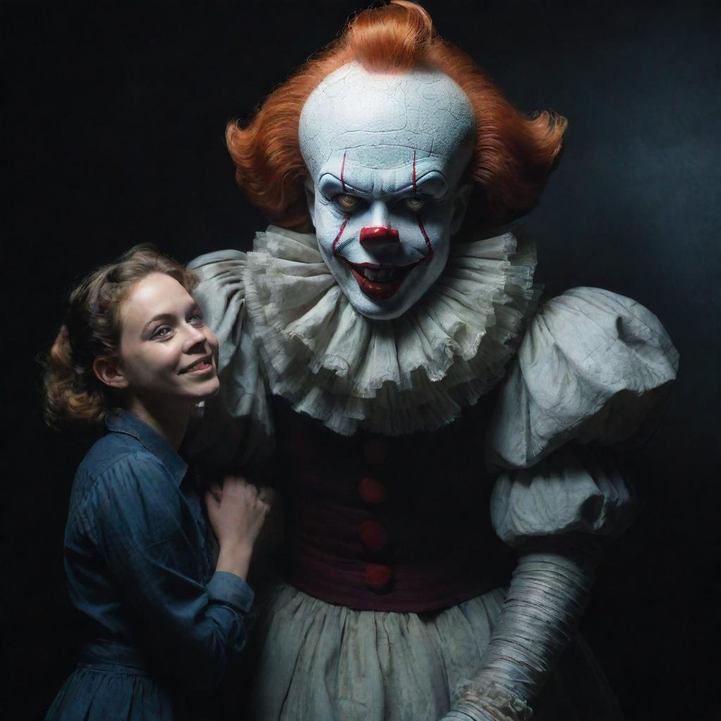 Depict a towering Pennywise the Clown amiably interacting with Diana, a charming adult girl, amidst a whimsically dark setting.