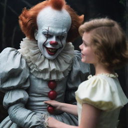 Depict a towering Pennywise the Clown amiably interacting with Diana, a charming adult girl, amidst a whimsically dark setting.