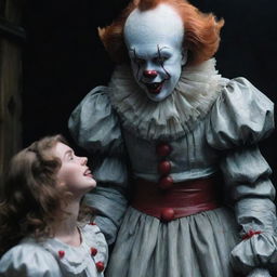 Depict a towering Pennywise the Clown amiably interacting with Diana, a charming adult girl, amidst a whimsically dark setting.