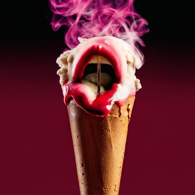 Add another set of juicy red lips biting the vanilla ice cream scoop on the technicolor-smoke-surrounded cone.