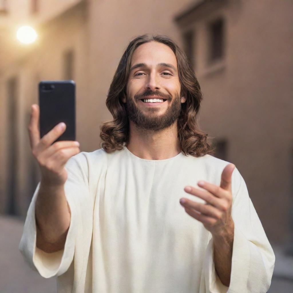 An imaginative scene of Jesus Christ holding a modern smartphone, taking a friendly selfie, full of warmth and deep compassion emanating from his divine smile.