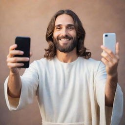 An imaginative scene of Jesus Christ holding a modern smartphone, taking a friendly selfie, full of warmth and deep compassion emanating from his divine smile.