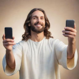 An imaginative scene of Jesus Christ holding a modern smartphone, taking a friendly selfie, full of warmth and deep compassion emanating from his divine smile.