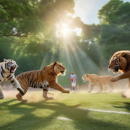 Animated tigers and lions engaged in a competitive game of football. The lions and tigers are opposing teams facing off on a vibrant green field, with the sunlight filtering through overhead trees.