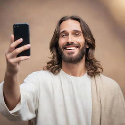 An imaginative scene of Jesus Christ holding a modern smartphone, taking a friendly selfie, full of warmth and deep compassion emanating from his divine smile.