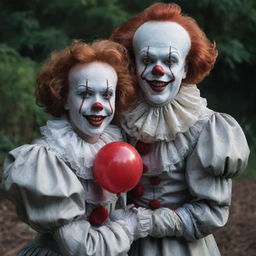 A tall, scarily intriguing Pennywise the Clown side by side with Diana, a charming adult girl, subtly contrasting terror with cuteness.