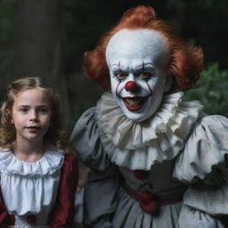 A tall, scarily intriguing Pennywise the Clown side by side with Diana, a charming adult girl, subtly contrasting terror with cuteness.