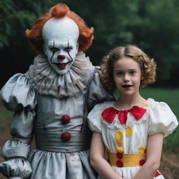 A tall, scarily intriguing Pennywise the Clown side by side with Diana, a charming adult girl, subtly contrasting terror with cuteness.