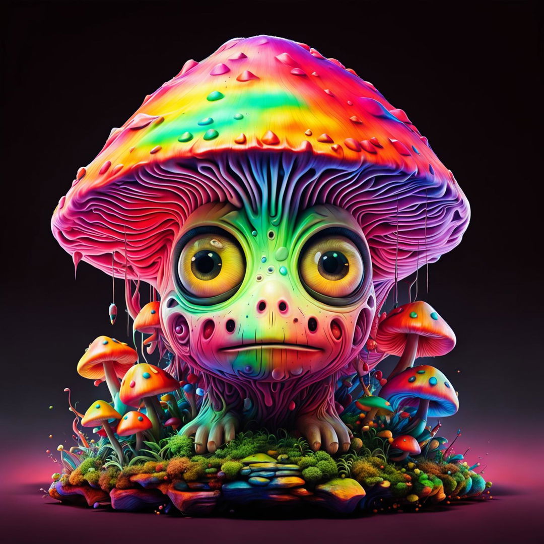 Enhance the detailed portrait of the anthropomorphic mushroom with vibrant, psychedelic colours while maintaining its intricate beauty and balance between cuteness and creepiness.