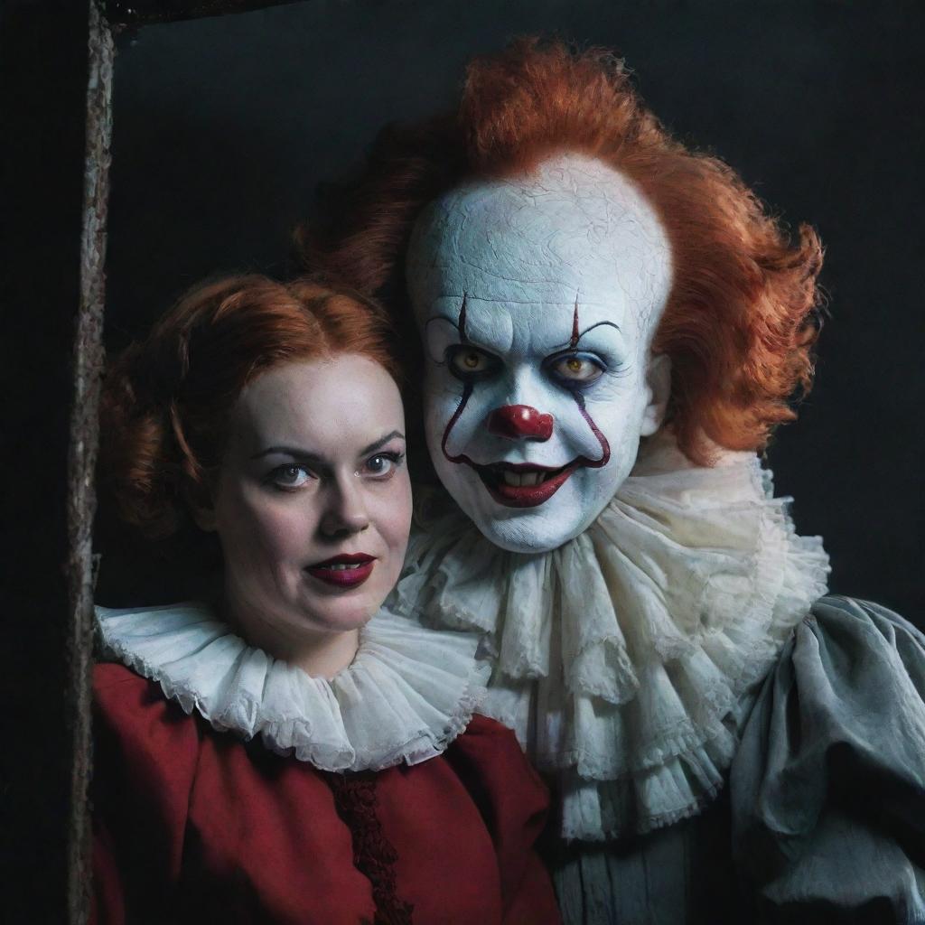 Represent the eerie Deadlights Pennywise the Clown sharing the frame with Diana, a vibrant adult girl, in a hauntingly atmospheric setting.