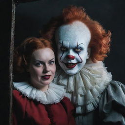 Represent the eerie Deadlights Pennywise the Clown sharing the frame with Diana, a vibrant adult girl, in a hauntingly atmospheric setting.