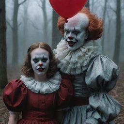 Represent the eerie Deadlights Pennywise the Clown sharing the frame with Diana, a vibrant adult girl, in a hauntingly atmospheric setting.