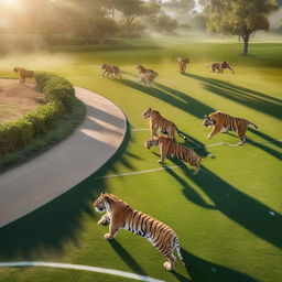 Animated tigers and lions engaged in a competitive game of football. The lions and tigers are opposing teams facing off on a vibrant green field, with the sunlight filtering through overhead trees.