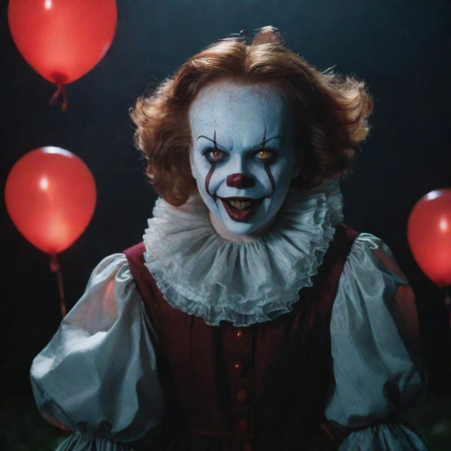 Three luminous Deadlights (manifestations of Pennywise) ominously hovering around a cute, charismatic vampire girl, illuminating a dark, fantastical scene.