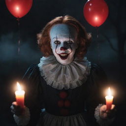 Three luminous Deadlights (manifestations of Pennywise) ominously hovering around a cute, charismatic vampire girl, illuminating a dark, fantastical scene.