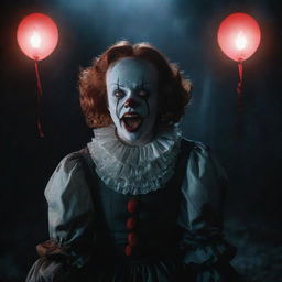 Three luminous Deadlights (manifestations of Pennywise) ominously hovering around a cute, charismatic vampire girl, illuminating a dark, fantastical scene.