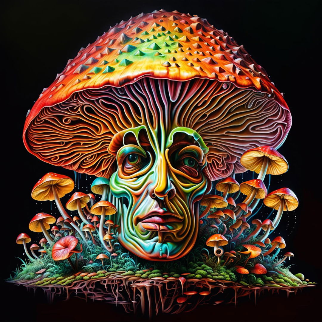 Transform the psychedelic anthropomorphic mushroom illustration into a hyperrealistic photograph capturing extreme levels of detail and intricacy, retaining its disturbing beauty.