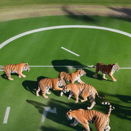 Animated tigers and lions engaged in a competitive game of football. The lions and tigers are opposing teams facing off on a vibrant green field, with the sunlight filtering through overhead trees.