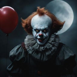 Create an image of Pennywise the Clown, together with a striking vampire figure in a moody, atmospheric, moonlit setting.