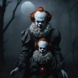 Create an image of Pennywise the Clown, together with a striking vampire figure in a moody, atmospheric, moonlit setting.