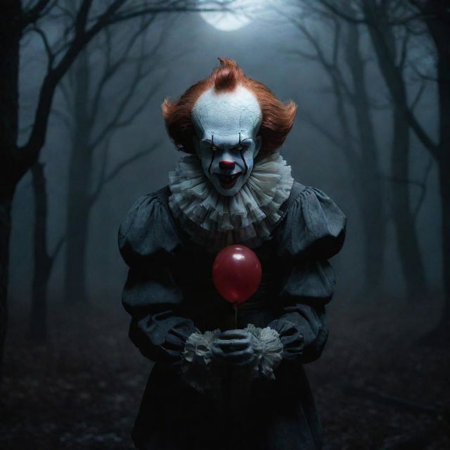 Create an image of Pennywise the Clown, together with a striking vampire figure in a moody, atmospheric, moonlit setting.