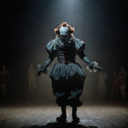 Pennywise the Clown, portrayed in a surreal, twisted scene, elegantly dancing under a pale, ghostly spotlight amidst the dark circus environment.