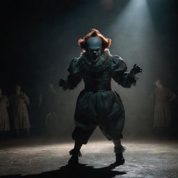 Pennywise the Clown, portrayed in a surreal, twisted scene, elegantly dancing under a pale, ghostly spotlight amidst the dark circus environment.