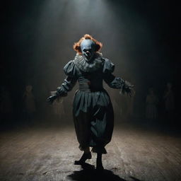 Pennywise the Clown, portrayed in a surreal, twisted scene, elegantly dancing under a pale, ghostly spotlight amidst the dark circus environment.