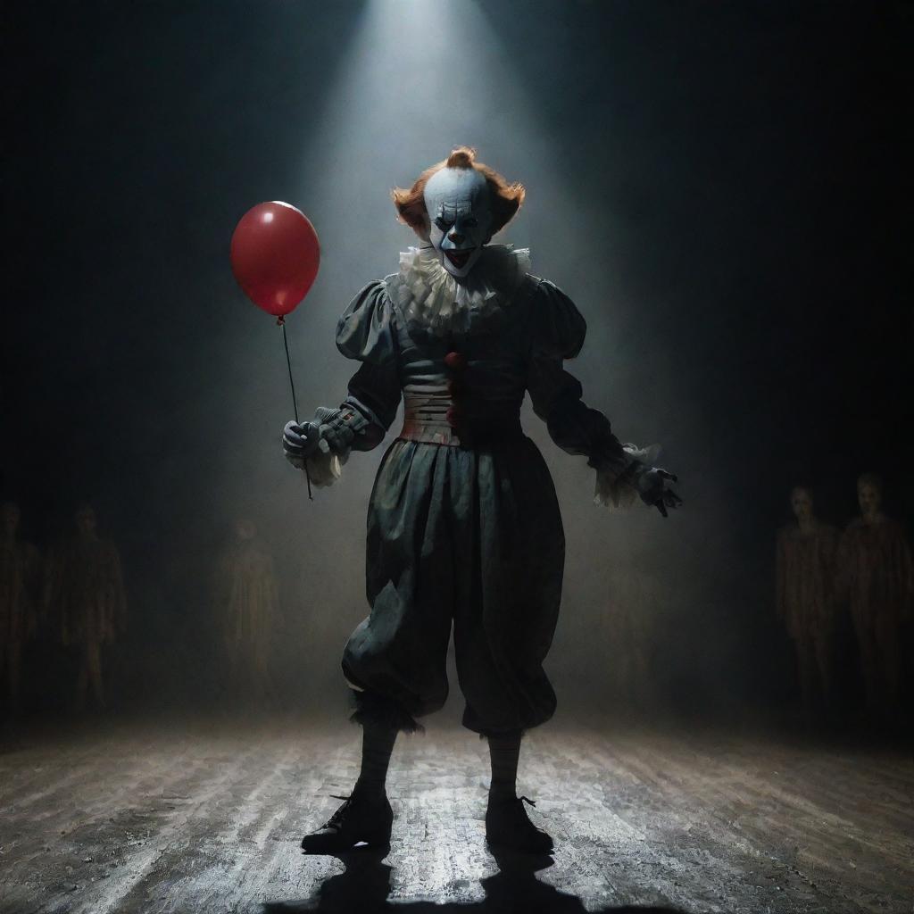 Pennywise the Clown, portrayed in a surreal, twisted scene, elegantly dancing under a pale, ghostly spotlight amidst the dark circus environment.