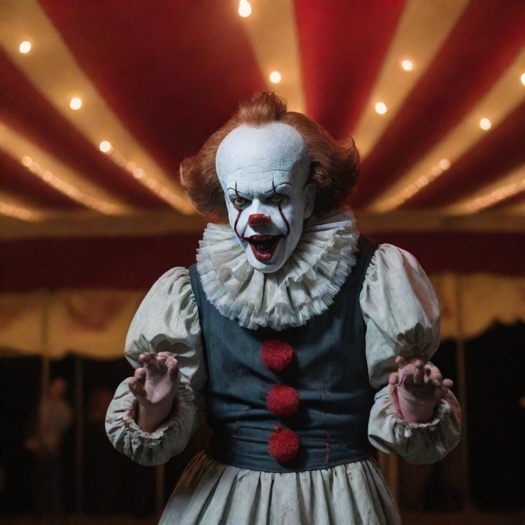 Visualize Pennywise the Clown in a bizarre display of talent, singing under vintage circus tent lights, tonally contrasting humour with horror.