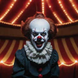 Visualize Pennywise the Clown in a bizarre display of talent, singing under vintage circus tent lights, tonally contrasting humour with horror.