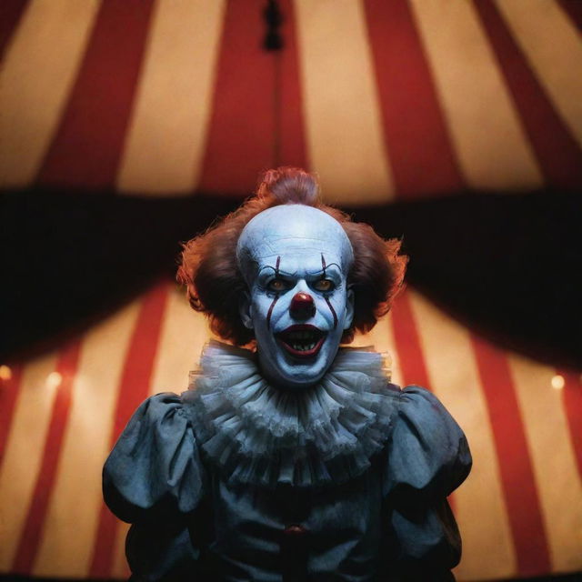 Visualize Pennywise the Clown in a bizarre display of talent, singing under vintage circus tent lights, tonally contrasting humour with horror.