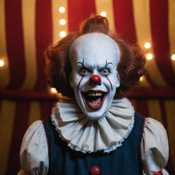 Visualize Pennywise the Clown in a bizarre display of talent, singing under vintage circus tent lights, tonally contrasting humour with horror.