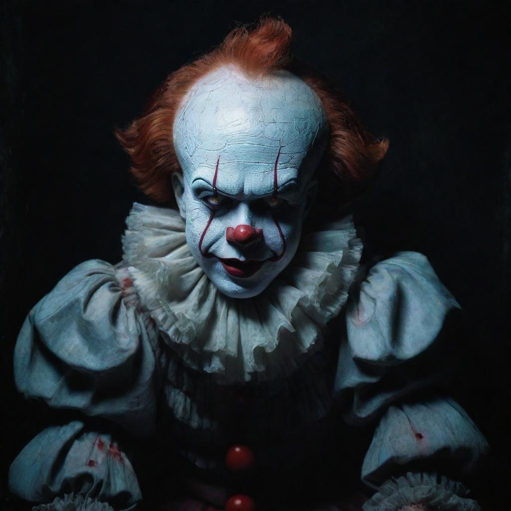 A peculiar image of Pennywise the Clown, depicted in a rare moment of peace, sleeping eerily in a dim, brooding setting.