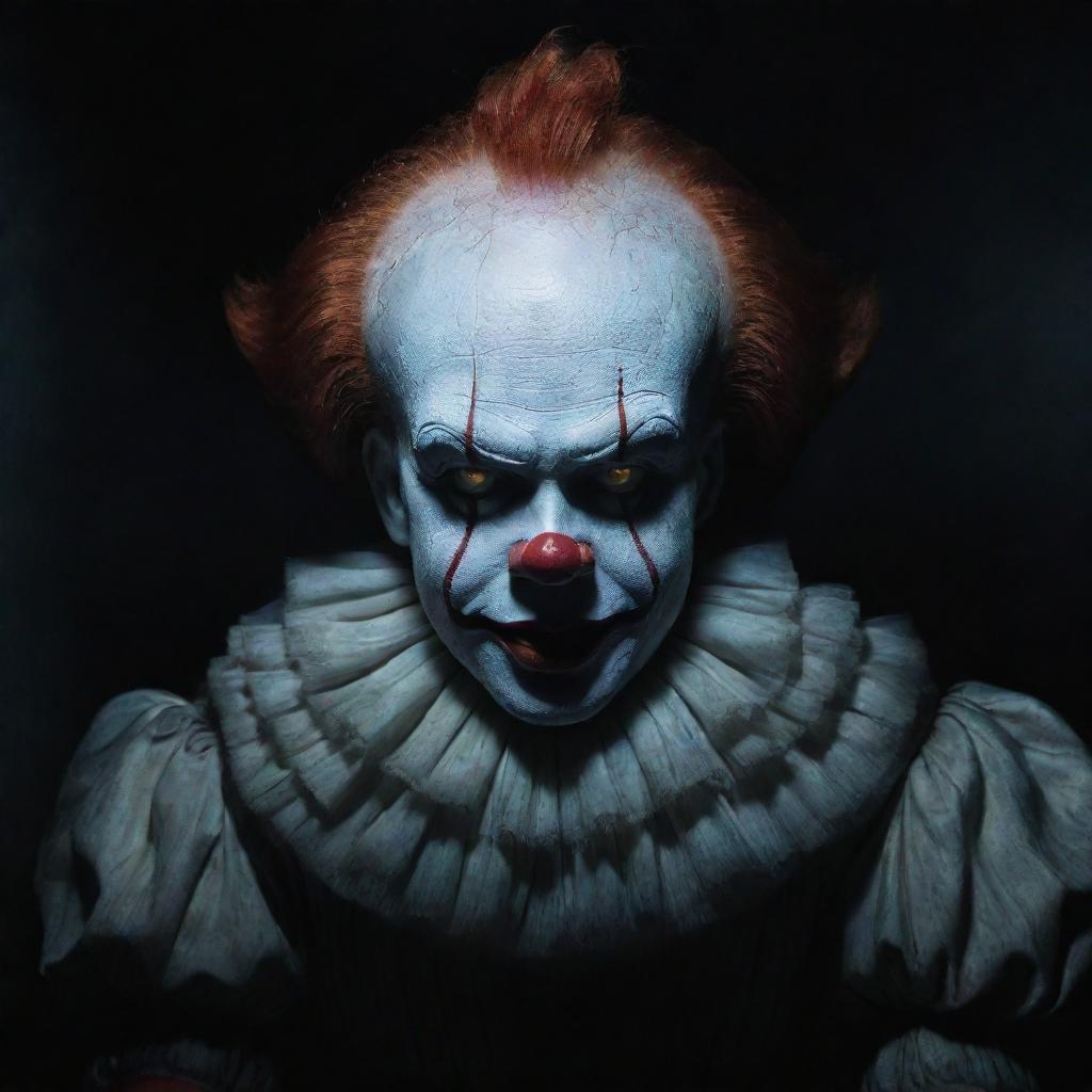 A peculiar image of Pennywise the Clown, depicted in a rare moment of peace, sleeping eerily in a dim, brooding setting.