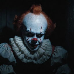 A peculiar image of Pennywise the Clown, depicted in a rare moment of peace, sleeping eerily in a dim, brooding setting.