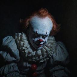 A peculiar image of Pennywise the Clown, depicted in a rare moment of peace, sleeping eerily in a dim, brooding setting.