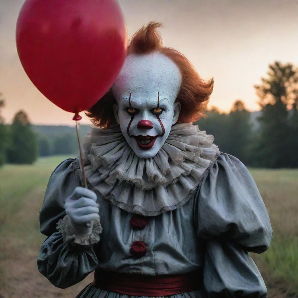 Visualize a uniquely appealing Pennywise the Clown, made tall and surprisingly handsome, yet carrying an unsettling charm in a dramatic dusk-lit landscape.