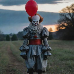 Visualize a uniquely appealing Pennywise the Clown, made tall and surprisingly handsome, yet carrying an unsettling charm in a dramatic dusk-lit landscape.