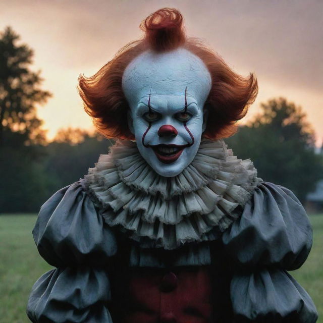 Visualize a uniquely appealing Pennywise the Clown, made tall and surprisingly handsome, yet carrying an unsettling charm in a dramatic dusk-lit landscape.